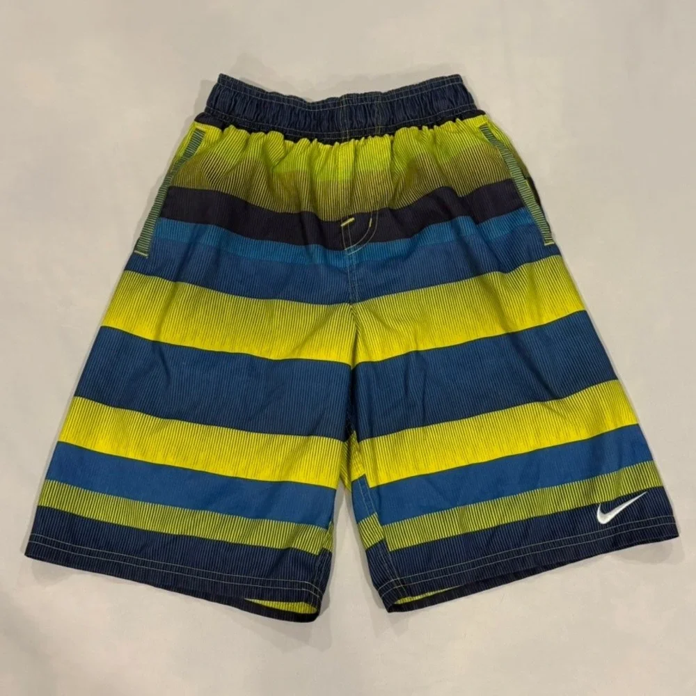 Nike Swim Trunks Boys Medium Blue Lime Green Excellent Striped Board Shorts